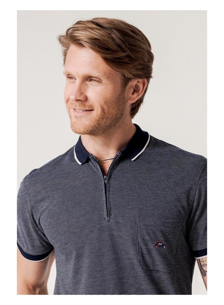polo jacquard marino manga corta cremallera cuello
