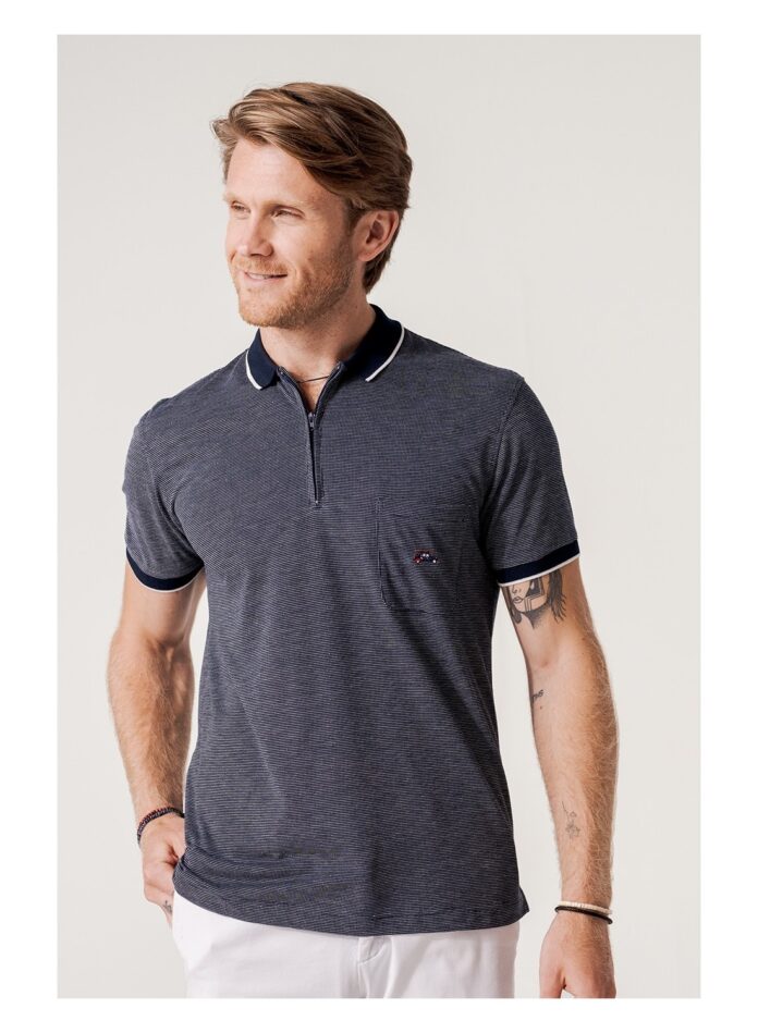 polo jacquard marino manga corta cuello cremallera